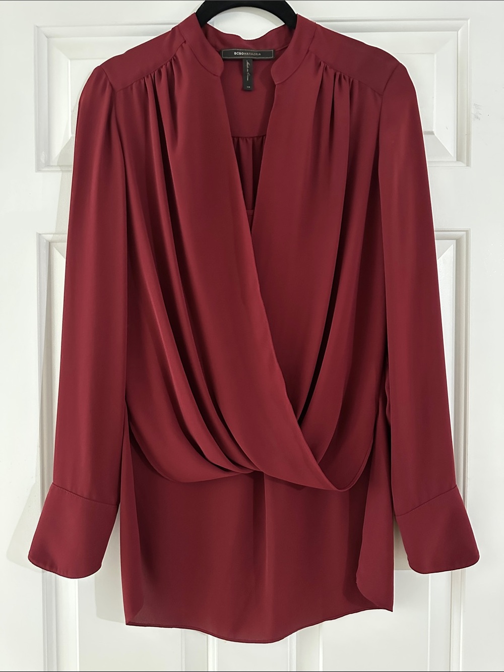 BCBGMaxAzria Burgundy Draped Surplice Blouse